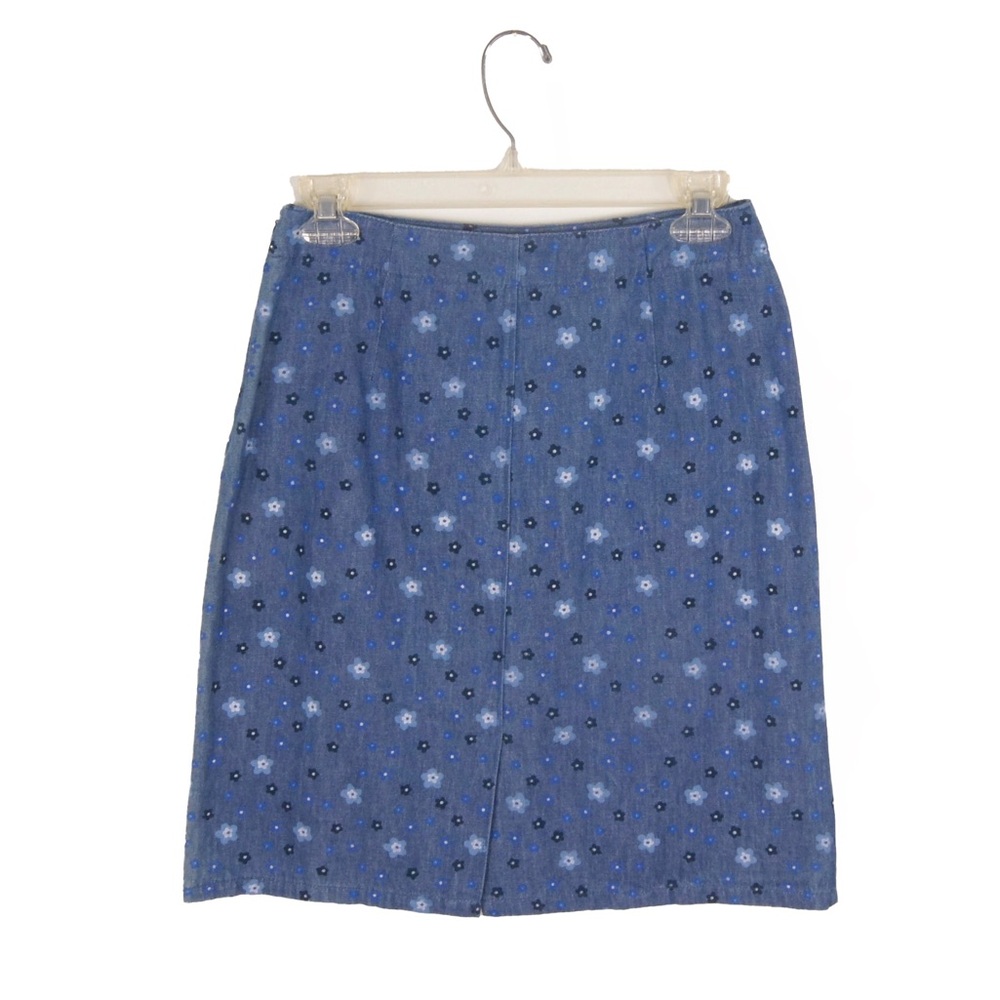 Vintage 90s Y2K Retro High Waist Blue Floral Polka Dot Denim Jean Skirt